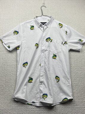 Molokai Surf Co. Shirt Mens M White Button Down Short Sleeve Mahi Mahi AOP Read
